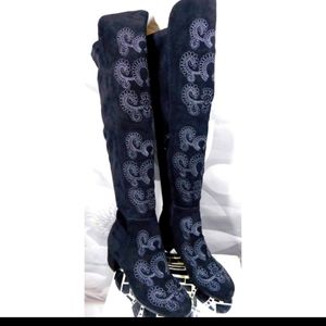 Over the Knee embroidered black and grey faux suede boot.  Mint condition.